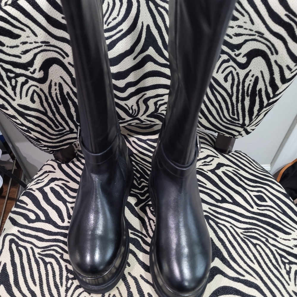 Free People Platform Tall Black Leather Boot with Mega Wedge